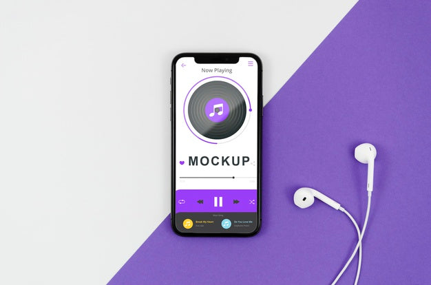 Free Flat Lay Smartphone Mock-Up With Earphones Psd