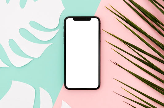 Free Flat Lay Smartphone Mock-Up With Leaves Psd
