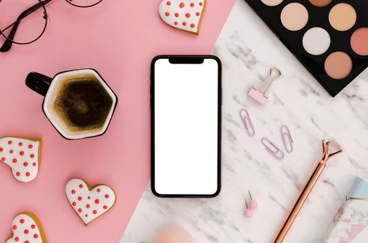 Free Flat Lay Smartphone Mock-Up With Make-Up Palette And Coffee Psd