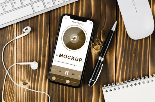Free Flat Lay Smartphone Mock-Up With Pen And Earphones Psd