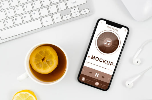 Free Flat Lay Smartphone Mock-Up With Tea On Desk Psd