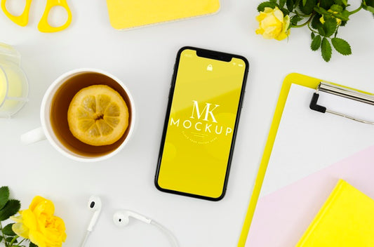 Free Flat Lay Smartphone Mock-Up With Tea Psd