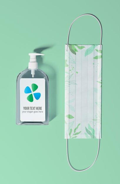 Free Flat Lay Soap Bottle With Protection Mask Psd