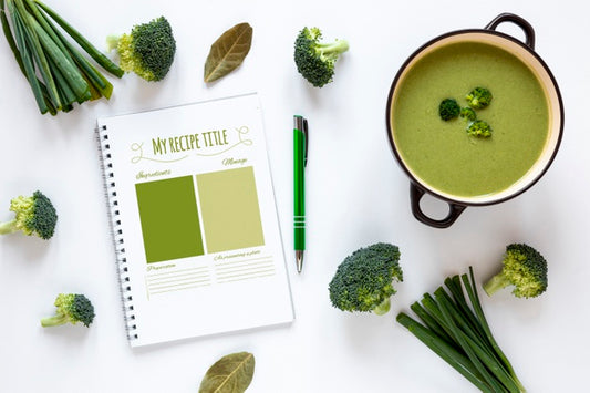 Free Flat Lay Soup With Arrangement Of Ingredients And Recipe Mock-Up Psd
