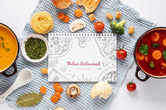 Free Flat Lay Soup With Assortment Of Ingredients And Notepad Mock-Up Psd
