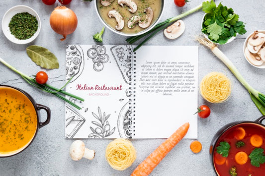 Free Flat Lay Soup With Assortment Of Ingredients And Recipe Mock-Up Psd