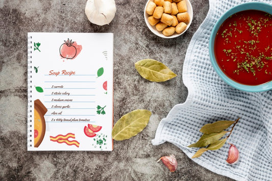 Free Flat Lay Soup With Composition Of Ingredients And Recipe Mock-Up Psd