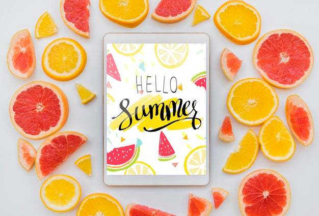 Free Flat Lay Summer Background With Tablet Mockup Psd