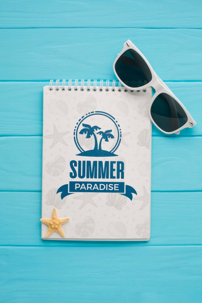 Free Flat Lay Summer Paradise Notepad With Sunglasses Psd