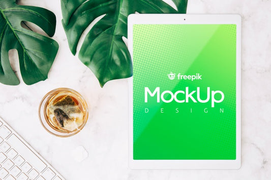 Free Flat Lay Tablet Mockup On Workspace Psd