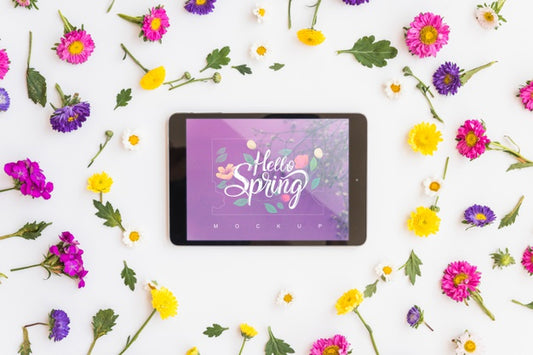 Free Flat Lay Tablet Mockup With Flowers Psd