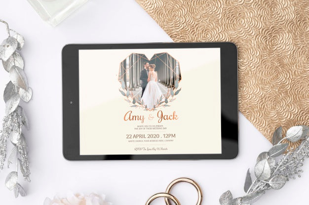 Free Flat Lay Tablet With Wedding Image Psd