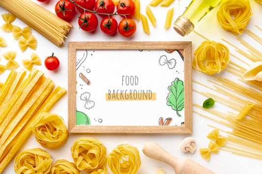 Free Flat Lay Uncooked Pasta Assortment And Tomatoes With Frame Mock-Up Psd