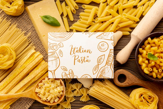 Free Flat Lay Uncooked Pasta Assortment With White Rectangle Mock-Up Psd