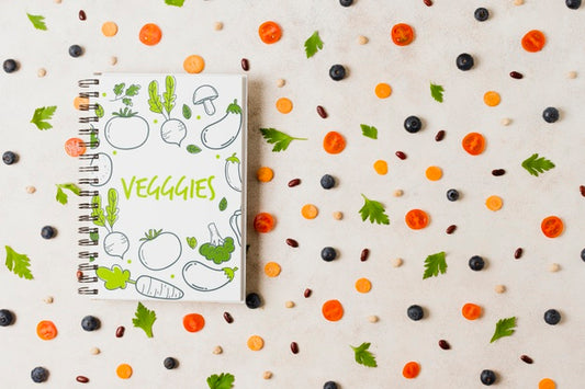 Free Flat Lay Vegetables Assortment With Notebook Mock-Up Psd
