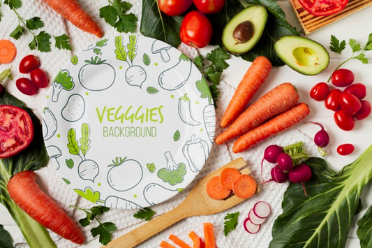 Free Flat Lay Vegetables Assortment With Plate Mock-Up Psd