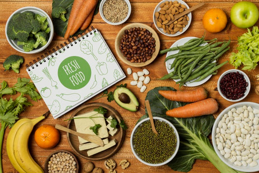 Free Flat Lay Vegetables With Notebook Mock-Up Psd