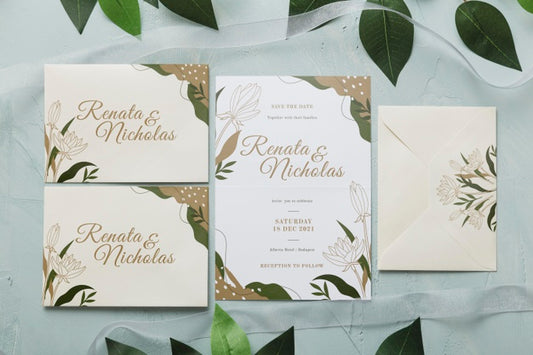 Free Flat Lay Wedding Invitation With Leaves Psd