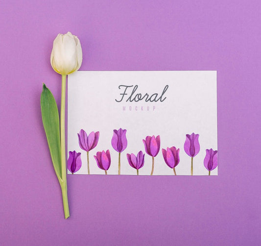 Free Flat Lay White Tulip Next To Card Mockup Psd