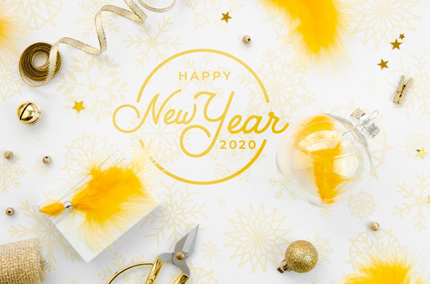 Free Flat Lay Yellow New Year Party Accessories And Happy New Year Lettering Psd