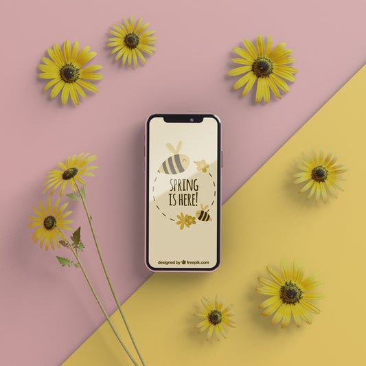 Free Floral Frame And Phone On Table Psd