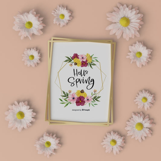 Free Floral Frame With Hello Spring Card Psd