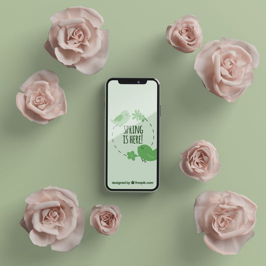 Free Floral Frame With Mobile Mock-Up Psd