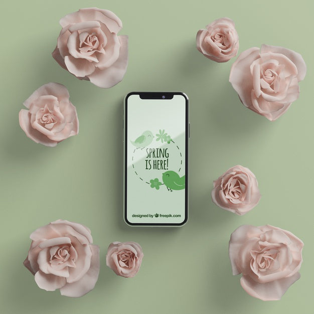 Free Floral Frame With Mobile Mock-Up Psd