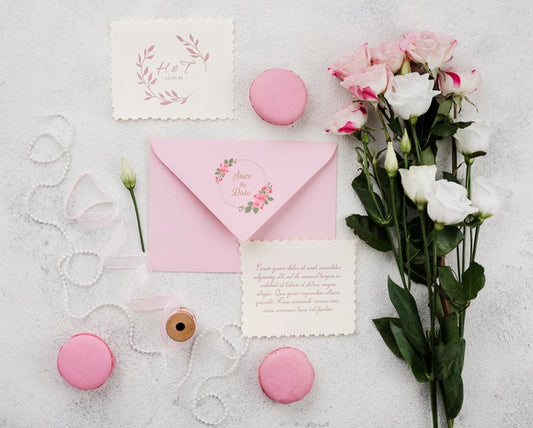 Free Floral Wedding Concept Mock-Up With Macarons Psd