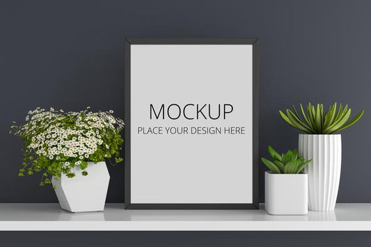 Free Flowers And Succulent Pots With Frame Mockup Psd