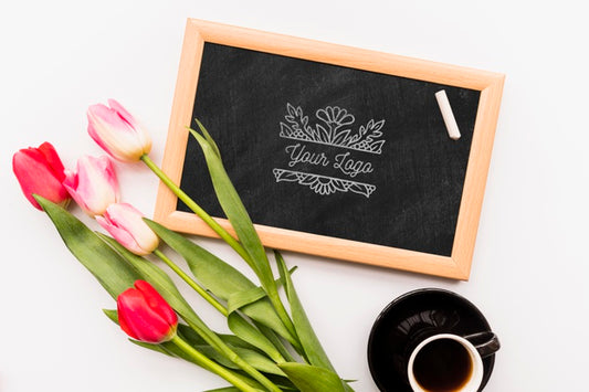 Free Flowers On Blackboard And Coffee Cup Psd