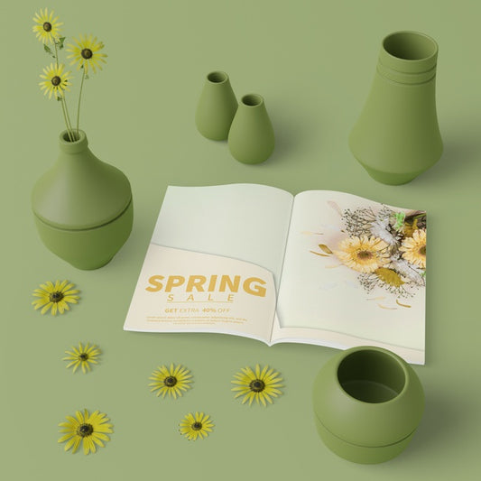 Free Flowers Vases In 3D With Spring Card Mock-Up Psd