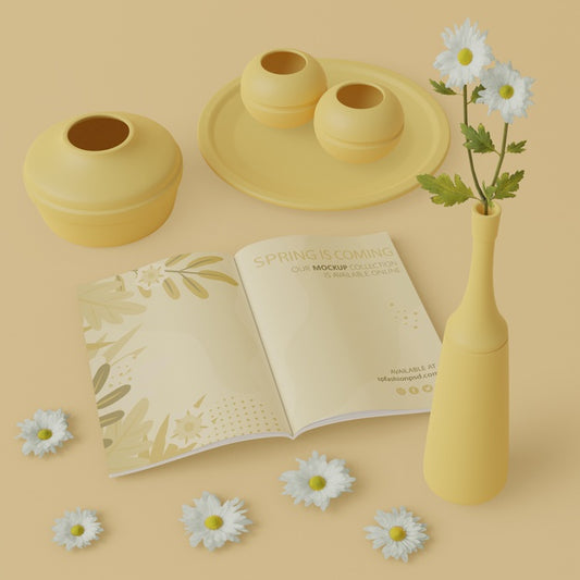 Free Flowers Vases In 3D With Spring Card On Table Psd