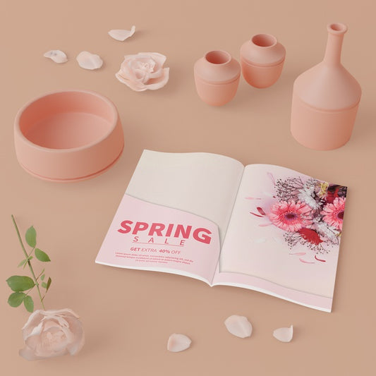 Free Flowers Vases In 3D With Spring Card Psd