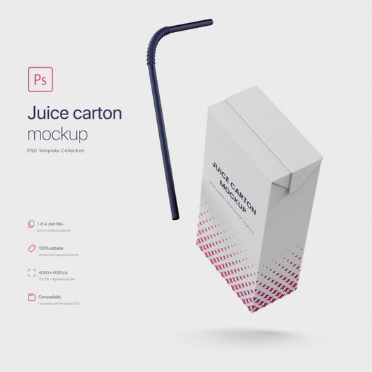 Free Flying Juice Paper Carton Packaging With Straw Mockup Psd