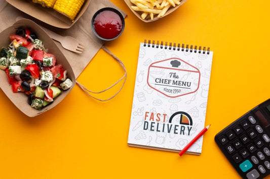 Free Food Delivery Composition With Notepad Mock-Up Psd