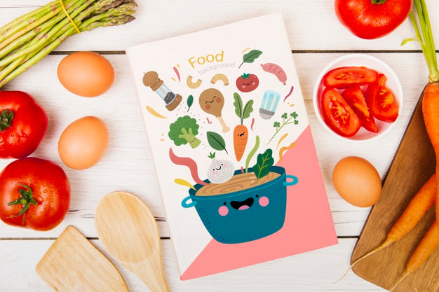 Free Food Menu Book Surrounded By Eggs And Tomatoes Psd