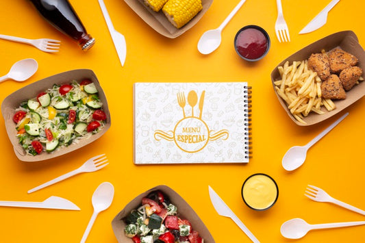 Free Food Service Arrangement With Notepad Mock-Up Psd