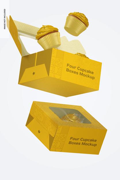 Free Four Cupcakes Boxes Mockup, Falling Psd