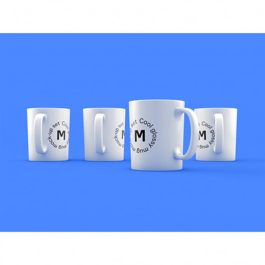 Free Four Mugs On Blue Background Mock Up Psd