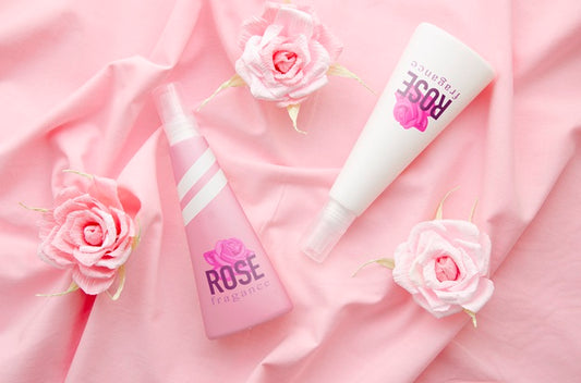 Free Fragrance Bottles On Pink Fabric Background Psd