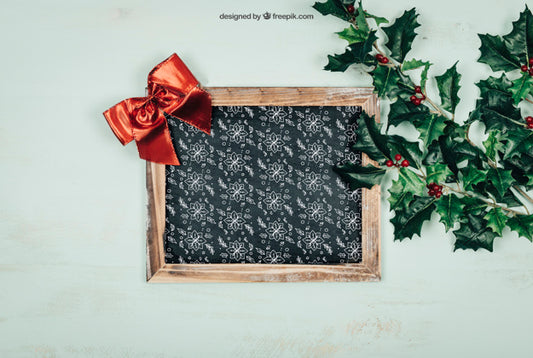 Free Frame And Leaves Mockup With Christmtas Design Psd