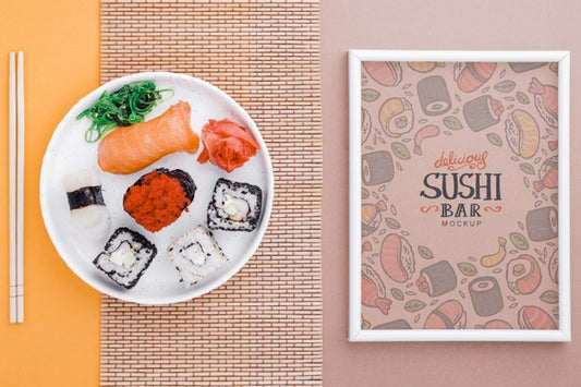 Free Frame Beside Plate With Sushi Rolls On Table Psd