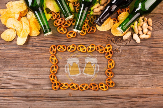 Free Frame Made Of Bagels With Beer Bottles Psd