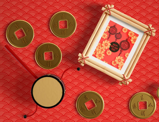 Free Frame Mock Up And Chinese Golden Coins Psd