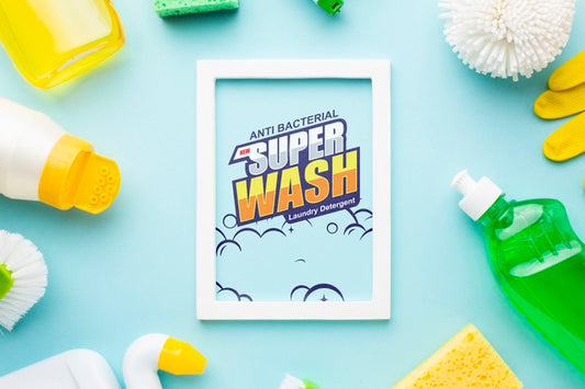 Free Frame Mock-Up Surrounded By Cleaning Tools Psd