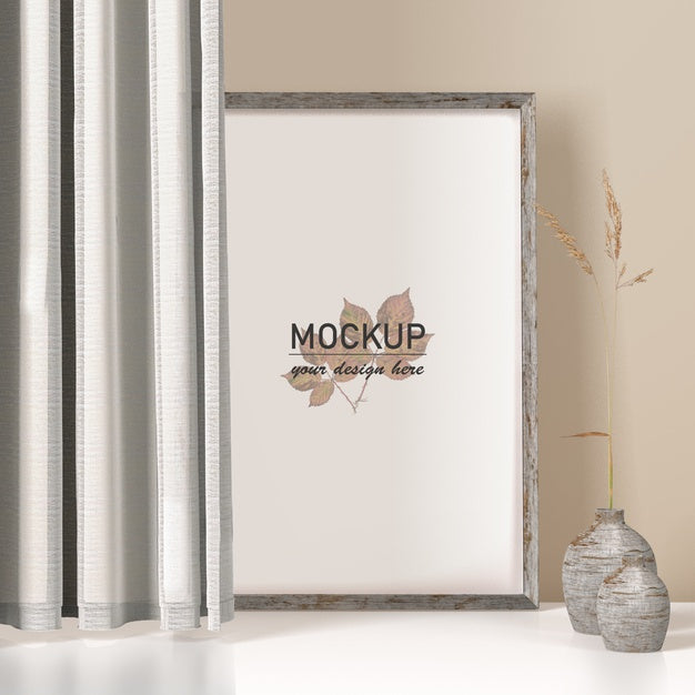 Free Frame Mock-Up With Vase And Curtains Psd