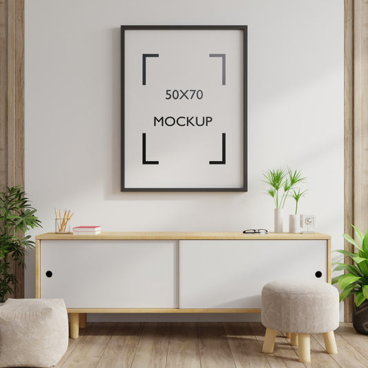 Free Frame Mockup On Cabinet In Interior. Psd