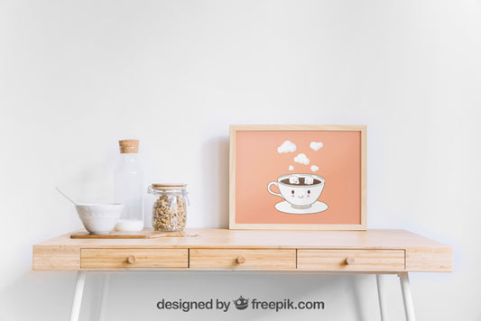 Free Frame Mockup On Wooden Table Psd
