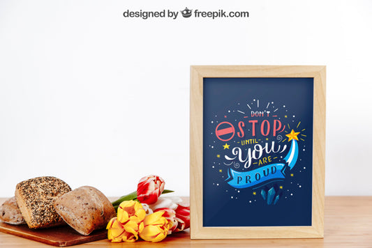 Free Frame Mockup With Breakfast And Flowers Psd